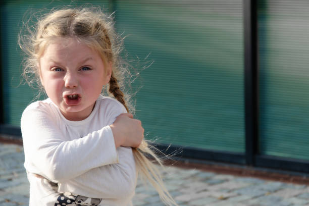 Child's emotion is irritated. A four year old girl, blonde with pigtails, with a pronounced emotion of anger and aggression.