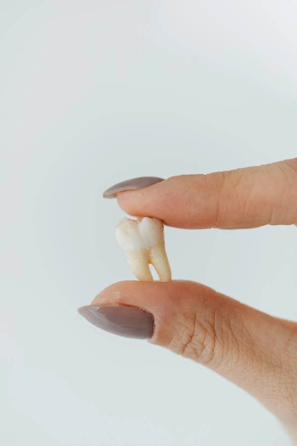 A women holding an enamel hypoplasia teeth in front of grey background