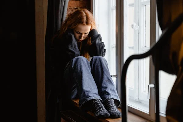 a woman in Autoaggression sitting on a window sill