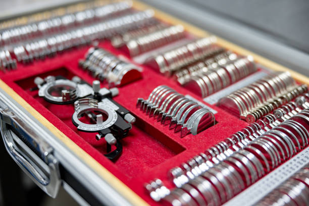 Close-up on a phoropter in a case at an optometrist office â healthcare and medicine concepts